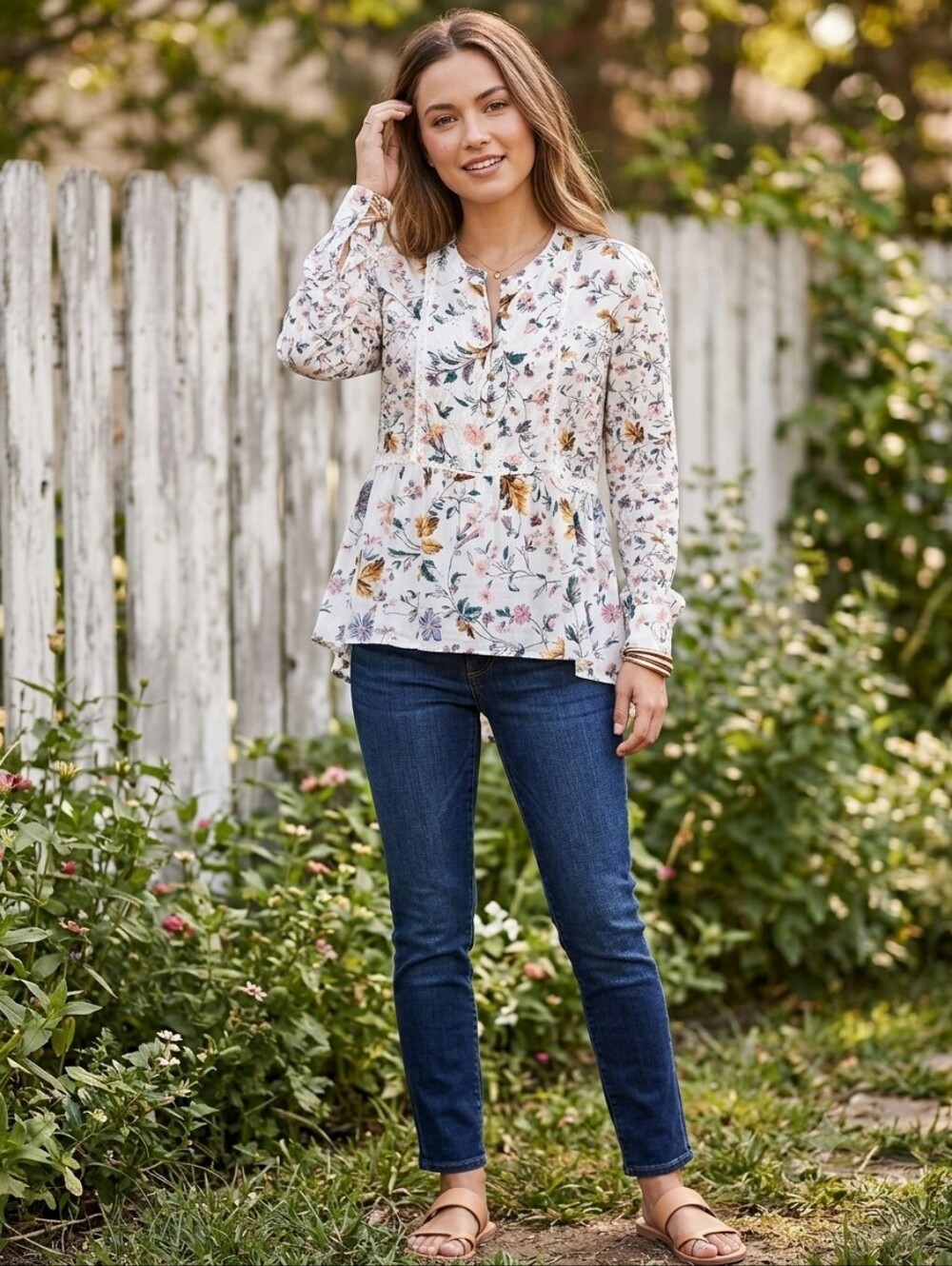 Anthropologie Floral Blouse XS Cotton Lace Trim Cottagecore Boho Peplum Top